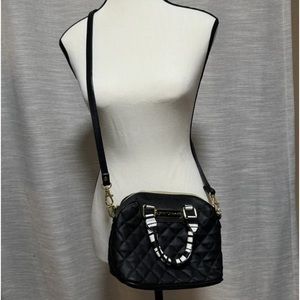 Betsy Johnson Black Quilted Dome Crossbody Purse with Striped Handles